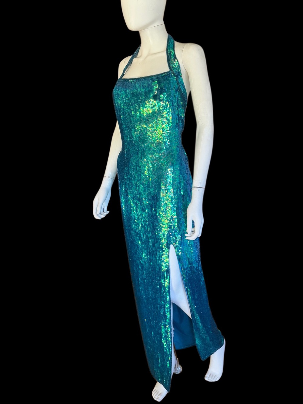 Vintage Iridescent Green-Blue Sequin Halter Backless Maxi Dress